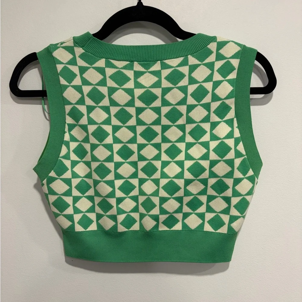 Zara Green Geometric Knit Crop Top Sleeveless Sweater Vest Retro Y2K Size S - Picture 3 of 9